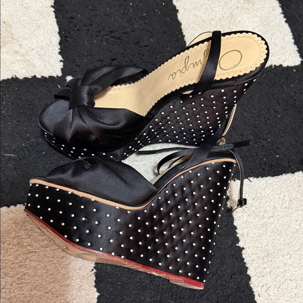 Charlotte Olympia Black Satin Polka Dot Wedge Sandals